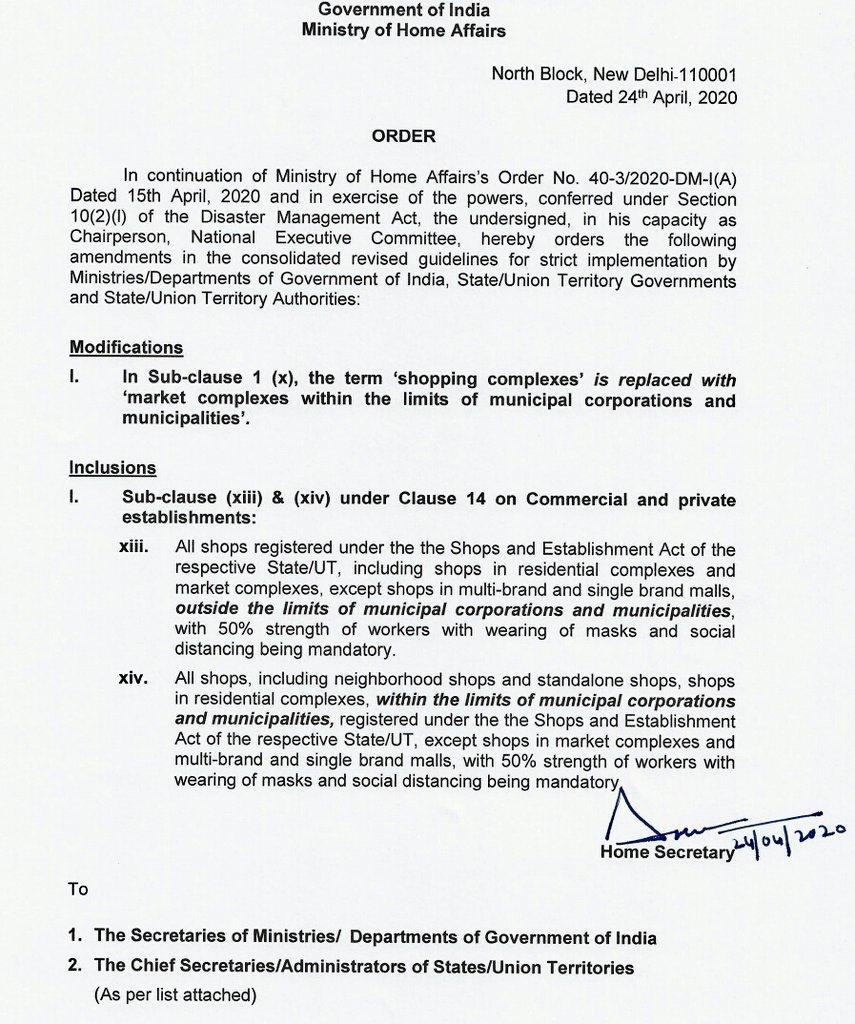 SandeepJourno's tweet photo. MHA orders to exempt all shops under Shops &amp; Establishment Act of States/UTs, including shops in residential complexes and market complexes, except shops in multi-brand &amp; single-brand malls, outside limits of Municipal Corporations from revised consolidated lockdown restrictions. https://t.co/VNf758KFMf