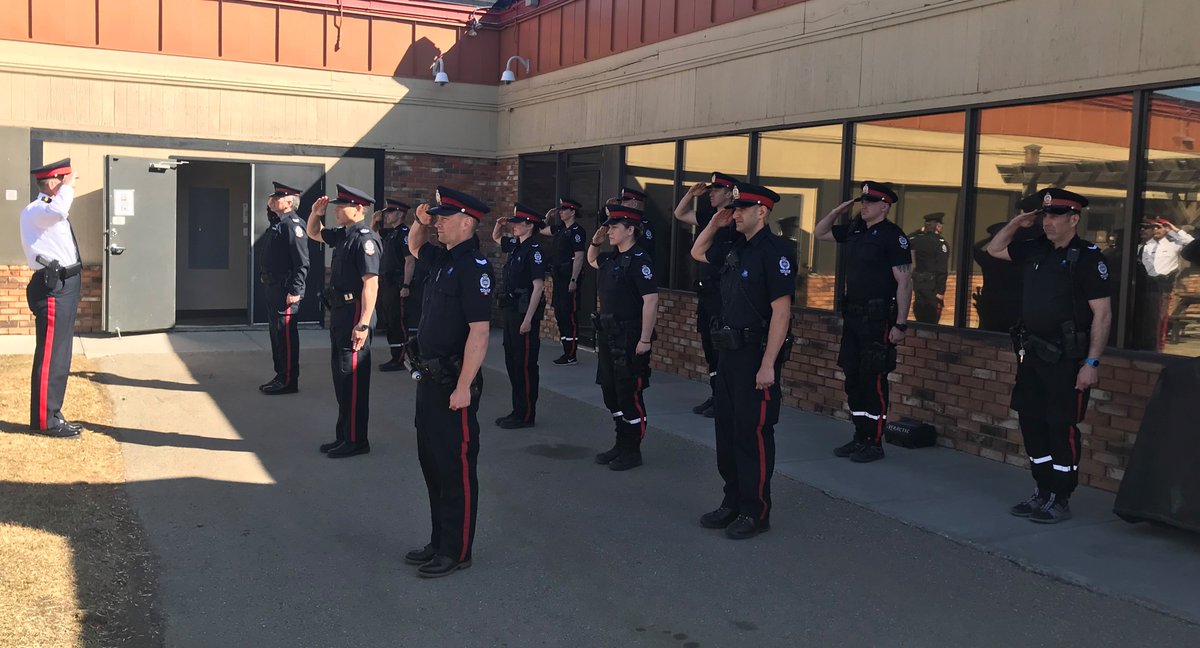 edmontonpolice's tweet photo. EPS members took a moment of silence today to honour the sacrifice made by fallen RCMP Constable Heidi Stevenson and to remember all the victims in the Nova Scotia tragedy. #WeStandTogether. #yeg @RCMPNS https://t.co/5E4msFTYCG