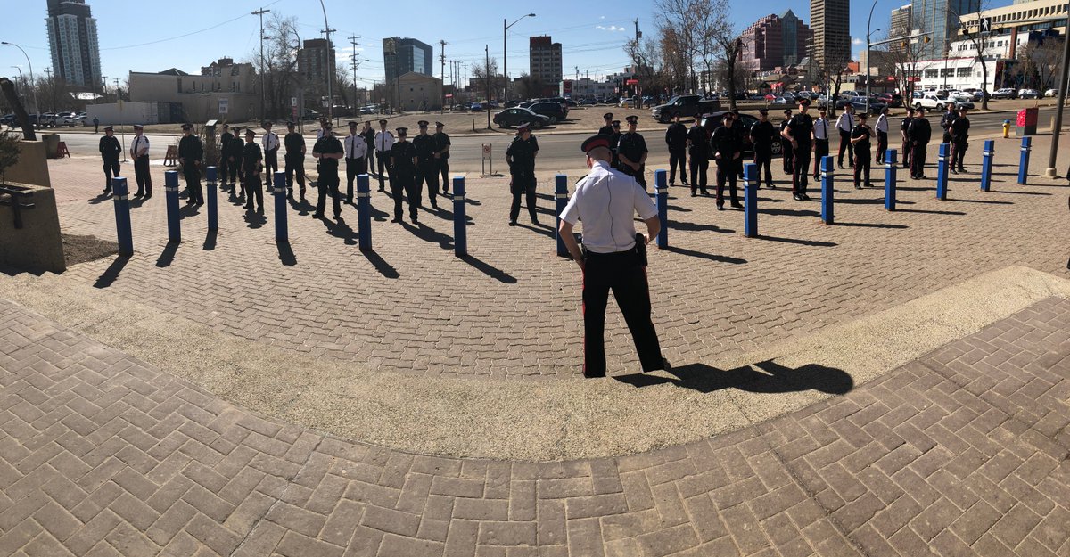 edmontonpolice's tweet photo. EPS members took a moment of silence today to honour the sacrifice made by fallen RCMP Constable Heidi Stevenson and to remember all the victims in the Nova Scotia tragedy. #WeStandTogether. #yeg @RCMPNS https://t.co/5E4msFTYCG