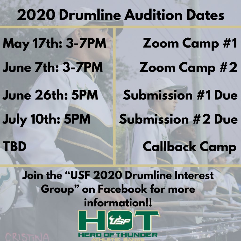 USFHOT's tweet photo. Mark your calendars!!✏️🗓

The upcoming season of HOT will be here before you know it and it all starts with you!! Your time is now to take the field and march with the USF Herd of Thunder!! Don’t miss out on the opportunity of a lifetime!! ⚡️

https://t.co/T0N4AeCaXF https://t.co/ztb33PRG57