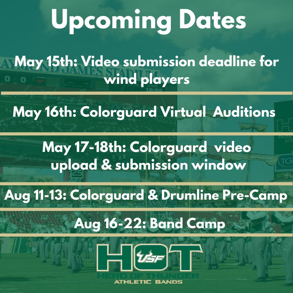 USFHOT's tweet photo. Mark your calendars!!✏️🗓

The upcoming season of HOT will be here before you know it and it all starts with you!! Your time is now to take the field and march with the USF Herd of Thunder!! Don’t miss out on the opportunity of a lifetime!! ⚡️

https://t.co/T0N4AeCaXF https://t.co/ztb33PRG57