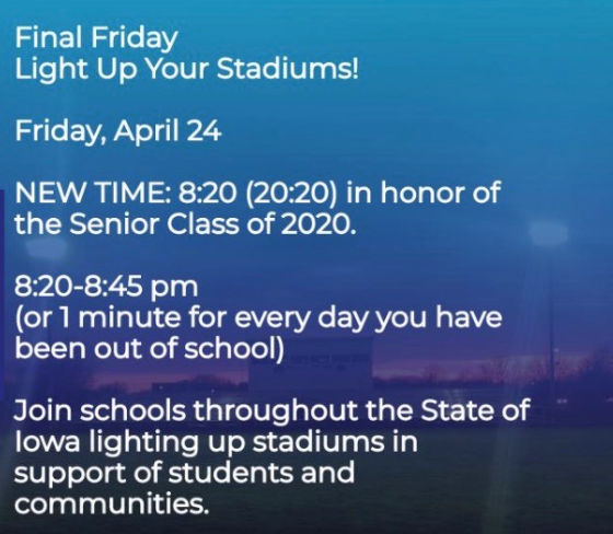 MaroonCrew's tweet photo. Let's #LightUpIowa one more time! Tonight at 8:20 for the Class of 2020, we will once again turn on our lights at the track until 8:45! Come drive around in your car &amp; continue to maintain social distancing guidelines! https://t.co/b9aZQBIMxB