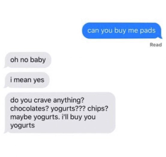 nathan sharp as “can you buy me pads?” texts