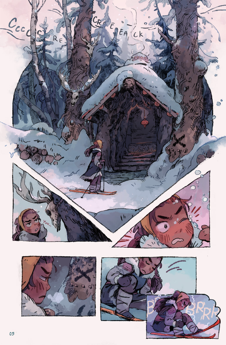 BearsAreRed's tweet photo. Since it’s been a while since the last chapter- Kochab is my YA f/f fantasy webcomic about a lost skiier stumbling upon a fire spirit sleeping in a frozen, ruined palace, and both of them trying to get back home in one piece. 🌞 https://t.co/b1iGJuGPEh