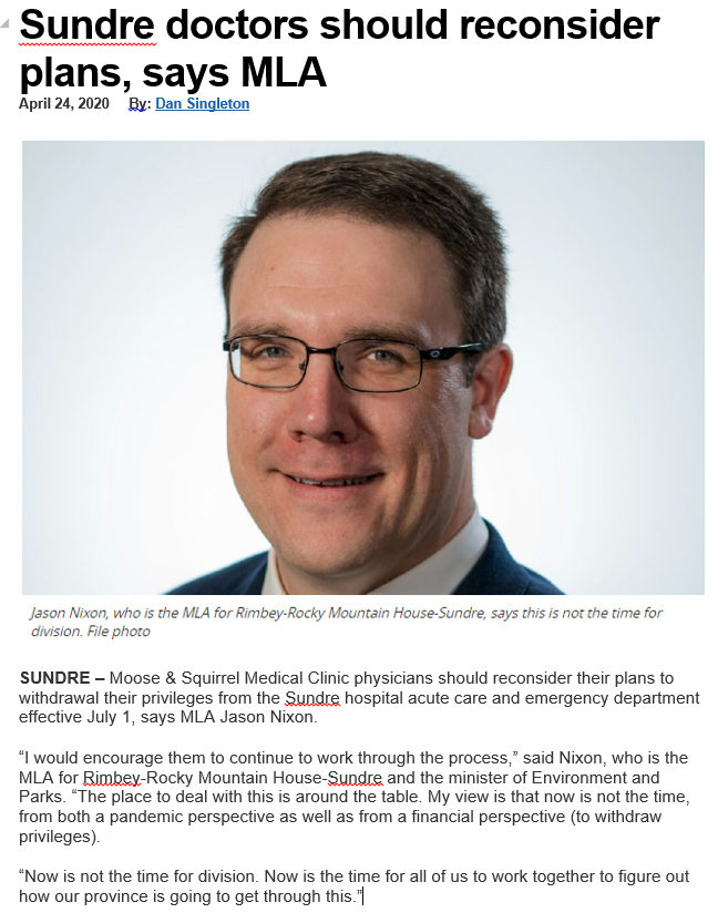 I'm a bit pissed at the hypocrisy here: Sundre Doctors are withdrawing Hospital services because their contract was torn up and a new one imposed. The Minister refuses to negotiate.Yet this hypocrite insists that the doctors should "continue to work through the process..." /2