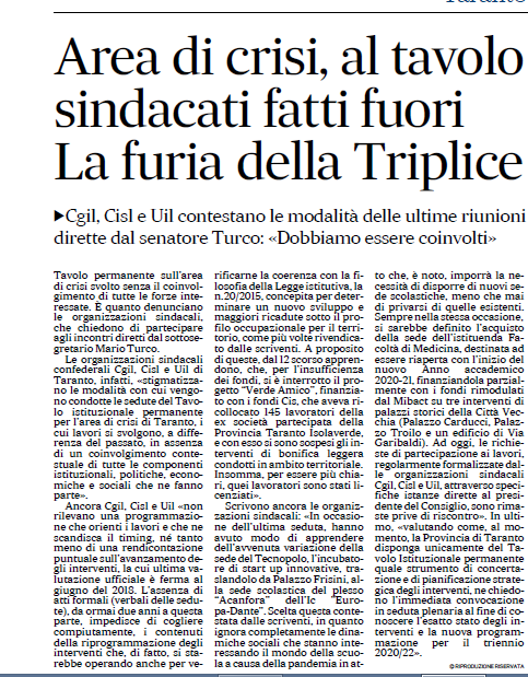 CislTaBr's tweet photo. #Ust #CIS #Taranto #CgilCislUil rilanciano richiesta di partecipazione a lavori #TavoloIstituzionale permanente da convocare in seduta plenaria su stato interventi e nuova programmazione 2020-22 @GiuseppeConteIT  #SenMarioTurco  @CislNazionale @CislPuglia https://t.co/Owe982BLpy