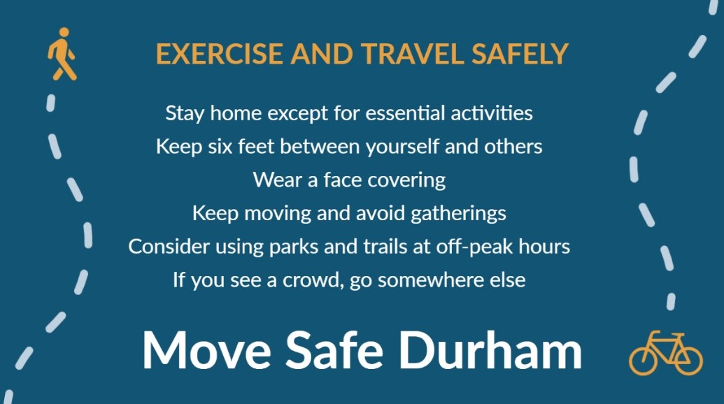 We know that being outside provides an important mental and physical outlet for many of us, and remind everyone to travel safely and adhere to the Durham Stay-at-Home Order:  https://durhamnc.gov/4013/City-of-Durham-COVID-19-Coronavirus-Upda (5/)