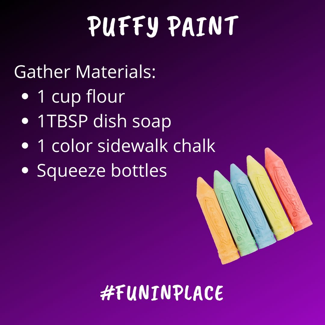 rleparks's tweet image. Kids getting tired of the same old outside fun? Check out this Puffy sidewalk paint recipe! What a great way to add some fun into the day! #funinplace