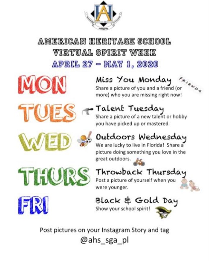 WAHSTV's tweet photo. We are so excited to participate in SGA’s virtual spirit week!! Don’t forget to tag @ahs_sga_pl in your pictures!! https://t.co/Q567wOkAEK