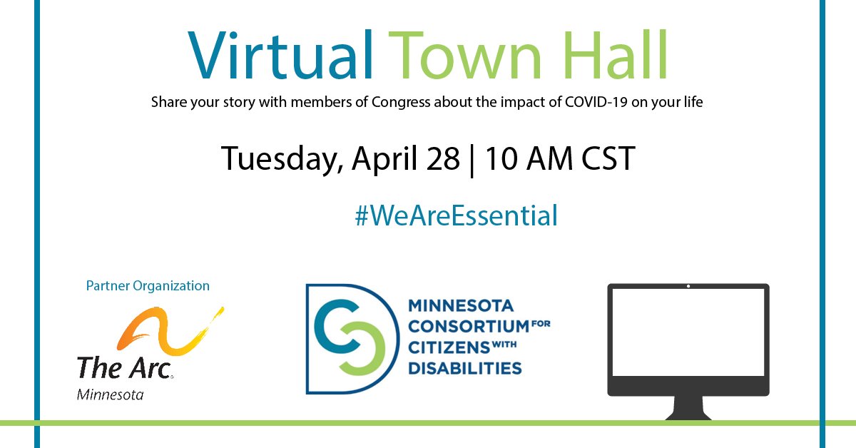 MinnCCD's tweet photo. Join us for a Virtual Town Hall on Tuesday, April 28 at 10AM. Now more than ever we need Congress to maintain stability and consistency in service provision and service navigation so we can stay safe and healthy in our homes. #WeAreEssential #MNCCD2020 #VirtualTuesdays https://t.co/fEMs5XOWA4