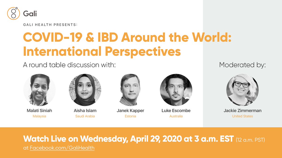 GaliHealth's tweet photo. #COVID19 &amp; #IBD outside the US Q&amp;A #2 is coming!

@JackieZimm will chat w/ @MrEscombe (Australia), Janek (Estonia), Malati (Malaysia), &amp; Aisha (Saudi Arabia).

Join us on FB Live, Wed 4/29 @ 3am EST https://t.co/xpdzrvzhJM.

Don’t worry, it will be recorded😊

#worldfightscorona https://t.co/Rp8gYRLi8S