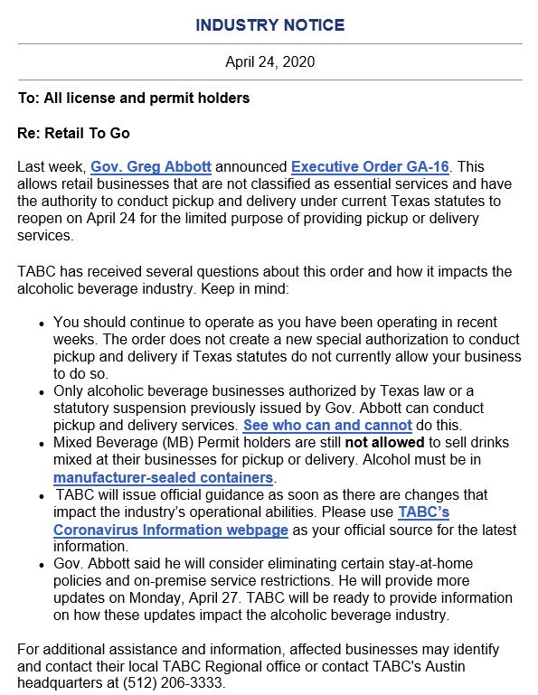 Check out the latest industry notice from <a href="/TexasABC/">Texas Alcoholic Beverage Commission</a>