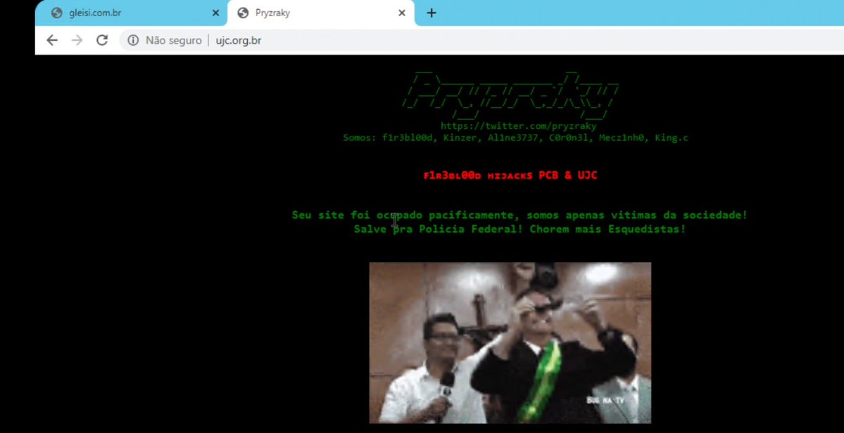 #Pryzraky

• Partido Comunista Brasileiro (<a href="/PCBpartidao/">PCB (Oficial)</a>) hackeado.
[Site/Mirror]: pcb.org.br :: mirror-h.org/zone/2612816

• União da Juventude Comunista (<a href="/ujcbr/">UJC Brasil</a>) hackeado.
[Site/Mirror]: ujc.org.br :: mirror-h.org/zone/2612817/