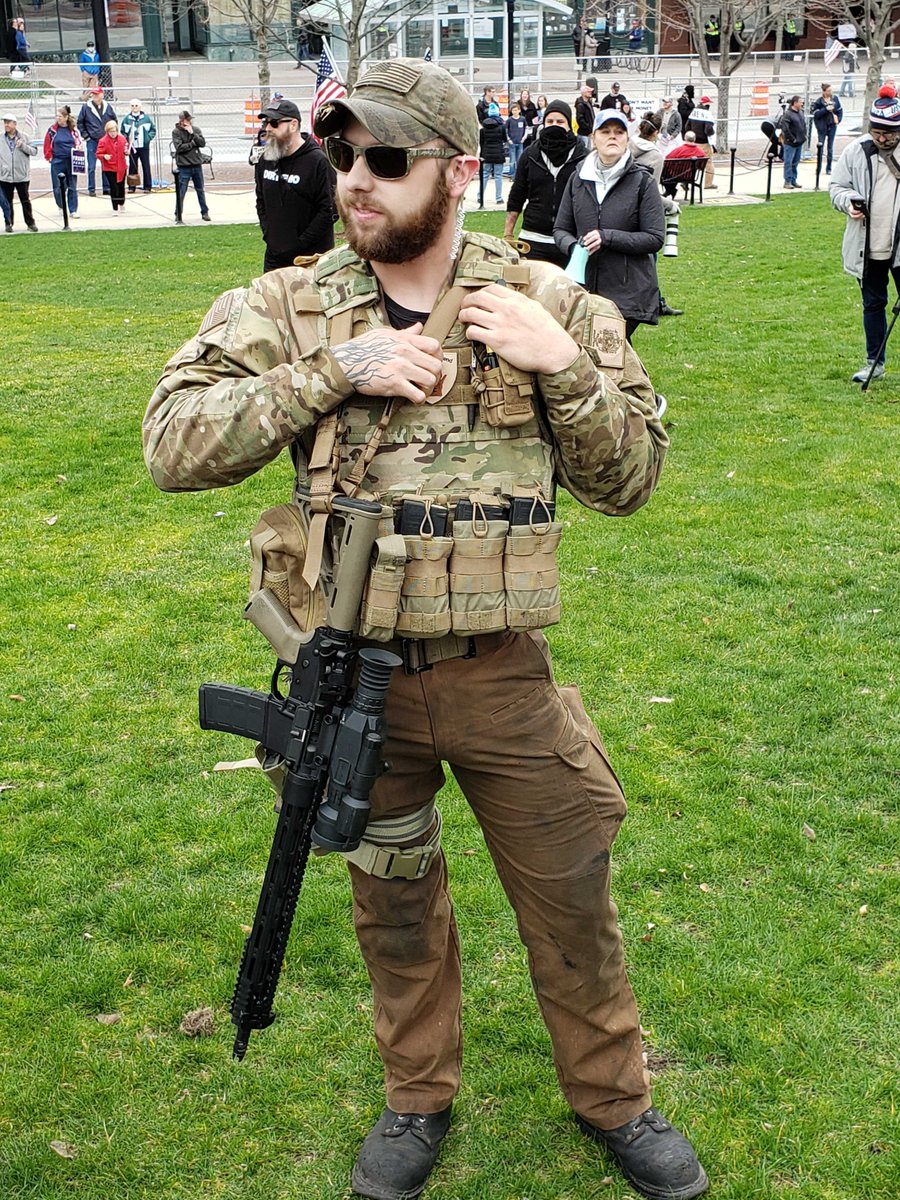 This man is carrying a handgun and an AR15 at today's "Open Wisconsin" rally in Madison"The First Amdnement stands for nothing if you do not have a Second Amendment to protect it."Is he worried about COVID-19?"I am not. Why should I be?"