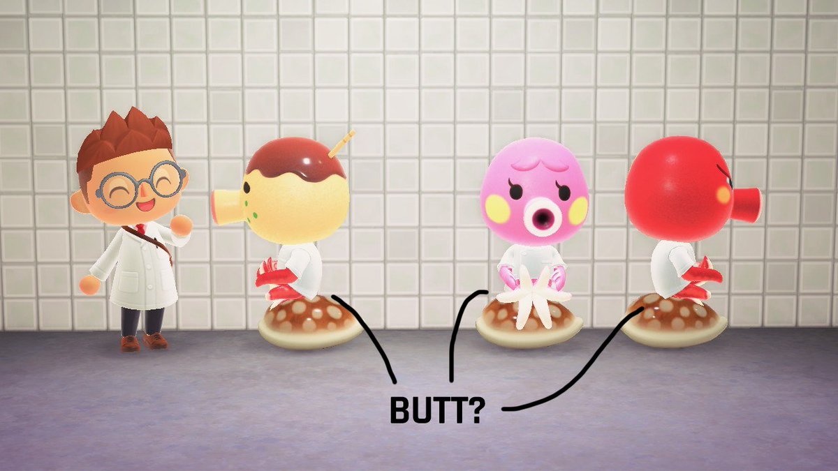 Now we see Zucker, Marina, and Octavian. The ONLY THREE invertebrates out of 400+ villagers. Blasphemy.This is how they sit. Obviously, we can see where their butts are? LOL NO.