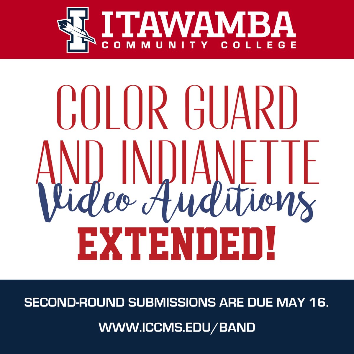 ItawambaCC's tweet image. Due t circumstances surrounding the COVID-19 virus and technical issues that come with submitting video auditions, the ICC All-American Marching Band will conduct a second round of video auditions for Color Guard and Indianettes only. Visit iccms.edu/Band.