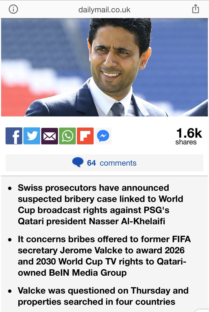 And its chief executive Yousef al-Obaidly was also accused ( #AFP France-Press) for corruption. In addition, "Nasser Al-khulaifi " the president of "PSG F.C" club, was also accused of bribing over 3.5 million euros /feb-20