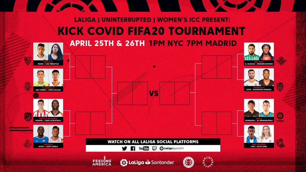 ¡Menuda pinta tiene el bracket de #LaLigaesportsCup! 💥

⚽🏈🏀 Estrellas de <a href="/LaLiga/">LALIGA</a>, la <a href="/NBAspain/">NBASpain</a> y la @NFLEspanol se medirán este fin de semana en #FIFA20 por una buena causa.

💌 Dona: streamlabs.com/elaliga