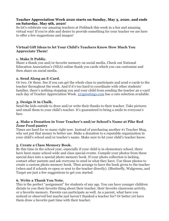 FCPA_PTO's tweet photo. Teacher Appreciation Week starts Sunday, May 3, 2020 &amp; ends on Saturday, May 9th 2020! So let's celebrate our amazing teachers at Fishback in a fun &amp; amazing virtual way! If you're able &amp; desire to provide something for your teacher we are here to offer a few ideas @FcpaMsdpike https://t.co/5fG00UaT6G