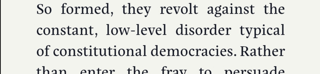 Another line down, and he extols *disorder* as one of the positive characteristics of democracies. It seems, that despite having a similar education to him (even the monk has a bachelor’s) integralists are somehow fascist for (arguably) rejecting some democratic deliberation.