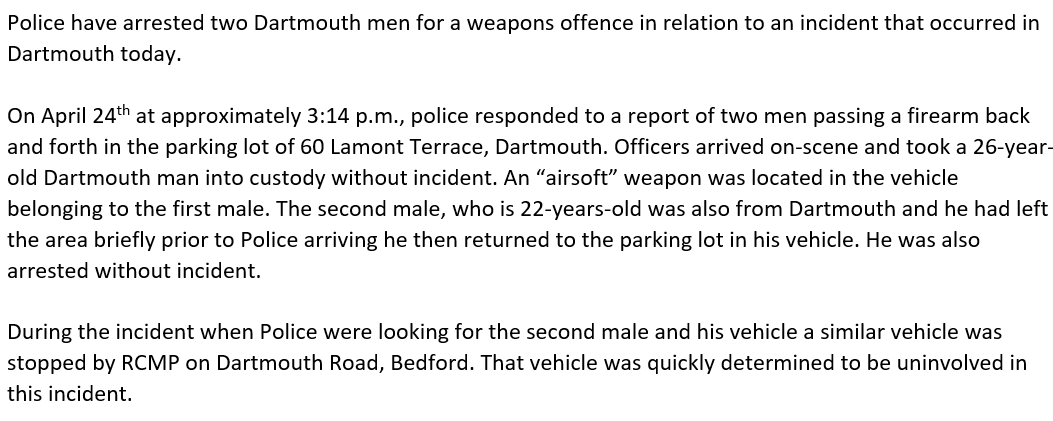 Halifax Regional Police provide details on the incident they were investigating in Dartmouth. Two men arrested without incident. #Halifax