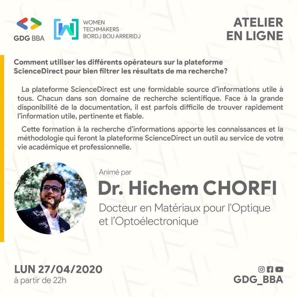 Nous sommes de retour avec une nouvelle formation :

🗓 27 avril 2020
🕙 22h00
👨🏻‍🏫 Dr.Hicham Chorfi, obtenant un doctorat de l'Université Farhat Abbas.

Vous trouvez plus de détails sur:

Instagram: instagram.com/p/B_YB6CqHN6a/

Réservez votre place :
docs.google.com/forms/d/e/1FAI…