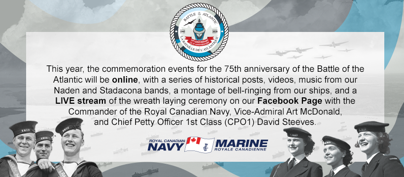 RoyalCanNavy's tweet photo. The #BattleoftheAtlantic commemorative events will take place from the comfort of your home. Due to #COVID19, social distancing is our best strategy to #flattenthecurve.

Stay tuned for additional information regarding these commemorative events. #BOA75 #RCNRemembers https://t.co/3uIy6H5eZ6