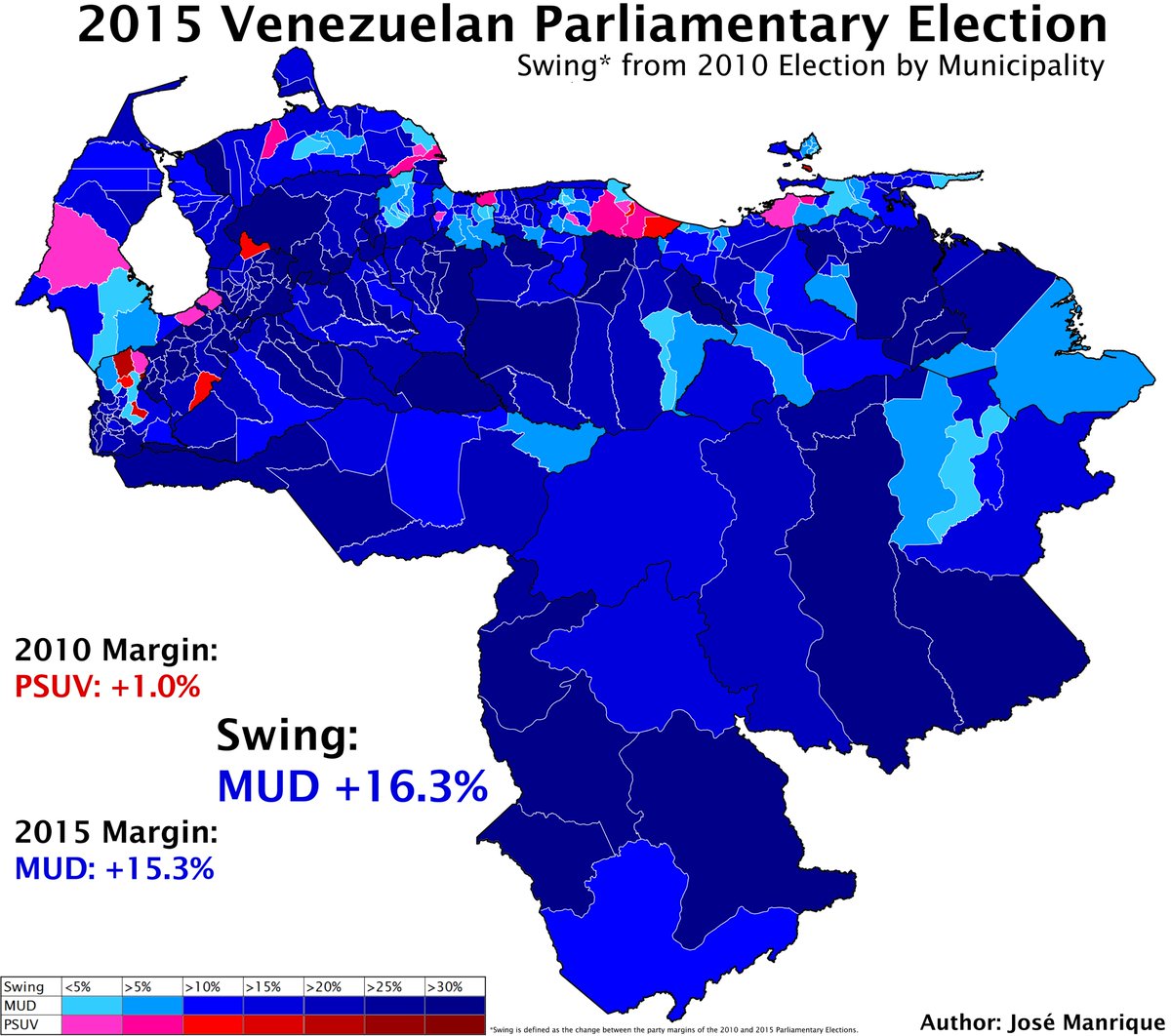 The swing map by municipality also shows big gains for the MUD almost everywhere, except in some odd municipalities. Here's a comparison between the 2010 Parliamentary election *and* the 2013 Presidential election (which also had a similar margin to the 2010 election).