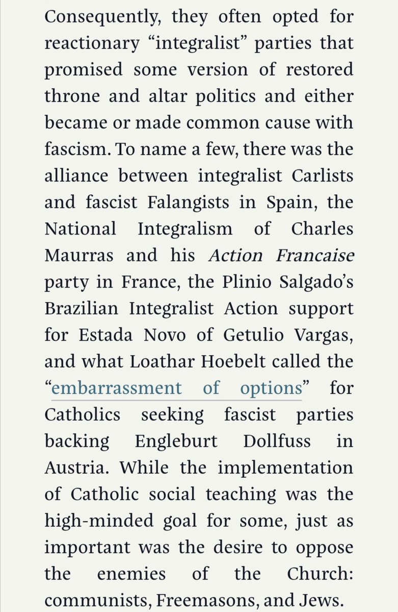 The issues here are numerous. When does Patterson establish that throne-and-altar politics are either fascist or inherently bad? Combining Dollfuss’ austrofascism (which barely deserves to be called fascist) and Maurras and the Falangists is simplistic.