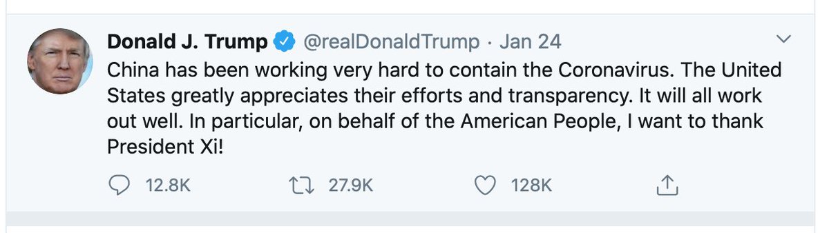 Trump receives another clear warning on January 23. But the next day Trump gives thanks to China on our behalf, and praising China's "transparency." https://twitter.com/realDonaldTrump/status/1220818115354923009?s=20