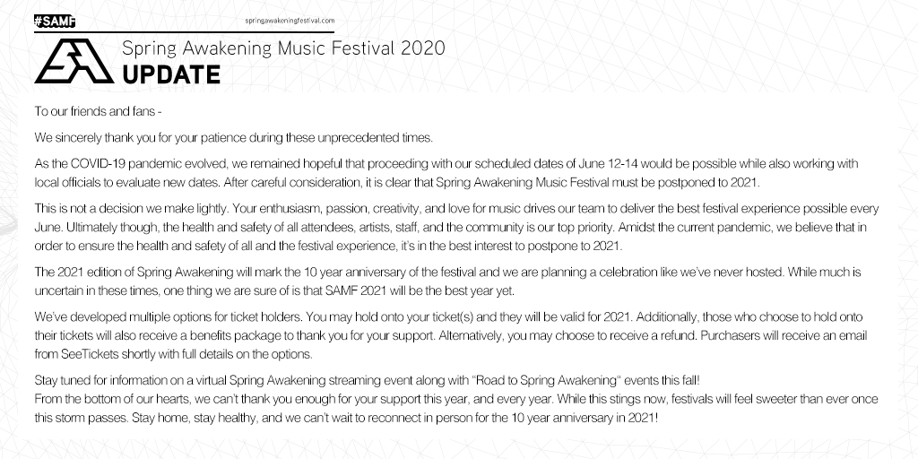 Spring Awakening 2020 has been canceled