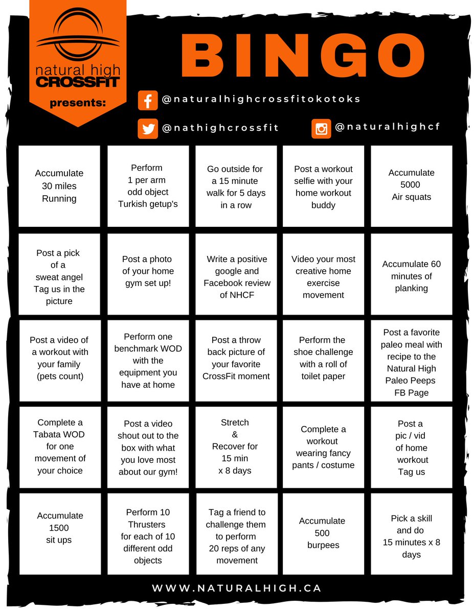 NatHighCrossFit's tweet photo. How is everyone doing with their BINGO cards? https://t.co/HVQ4iy2H9l  #naturalhigh #fitness #gym #crossfit #personaltrainer #exerciseclasses #okotoks #locallyowned #gainhealth https://t.co/IVGeeQ5RM1