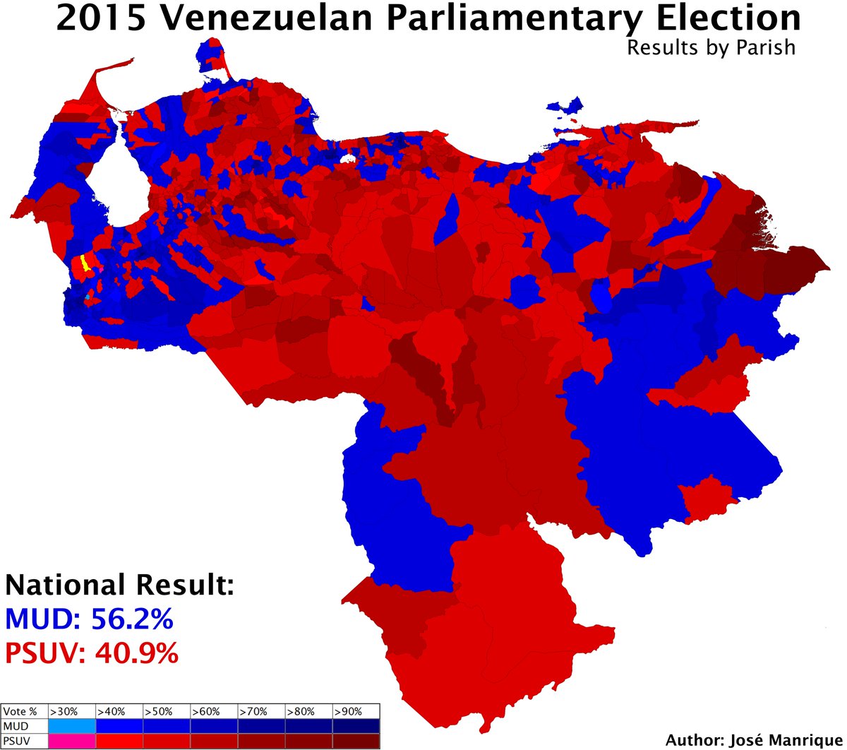 Here's the Parish results map. Chavismo was almost entirely reduced to winning mostly rural parishes, though they did manage to maintain some deep red urban areas, notably Acarigua-Araure in Portuguesa and los Valles del Tuy in Miranda.