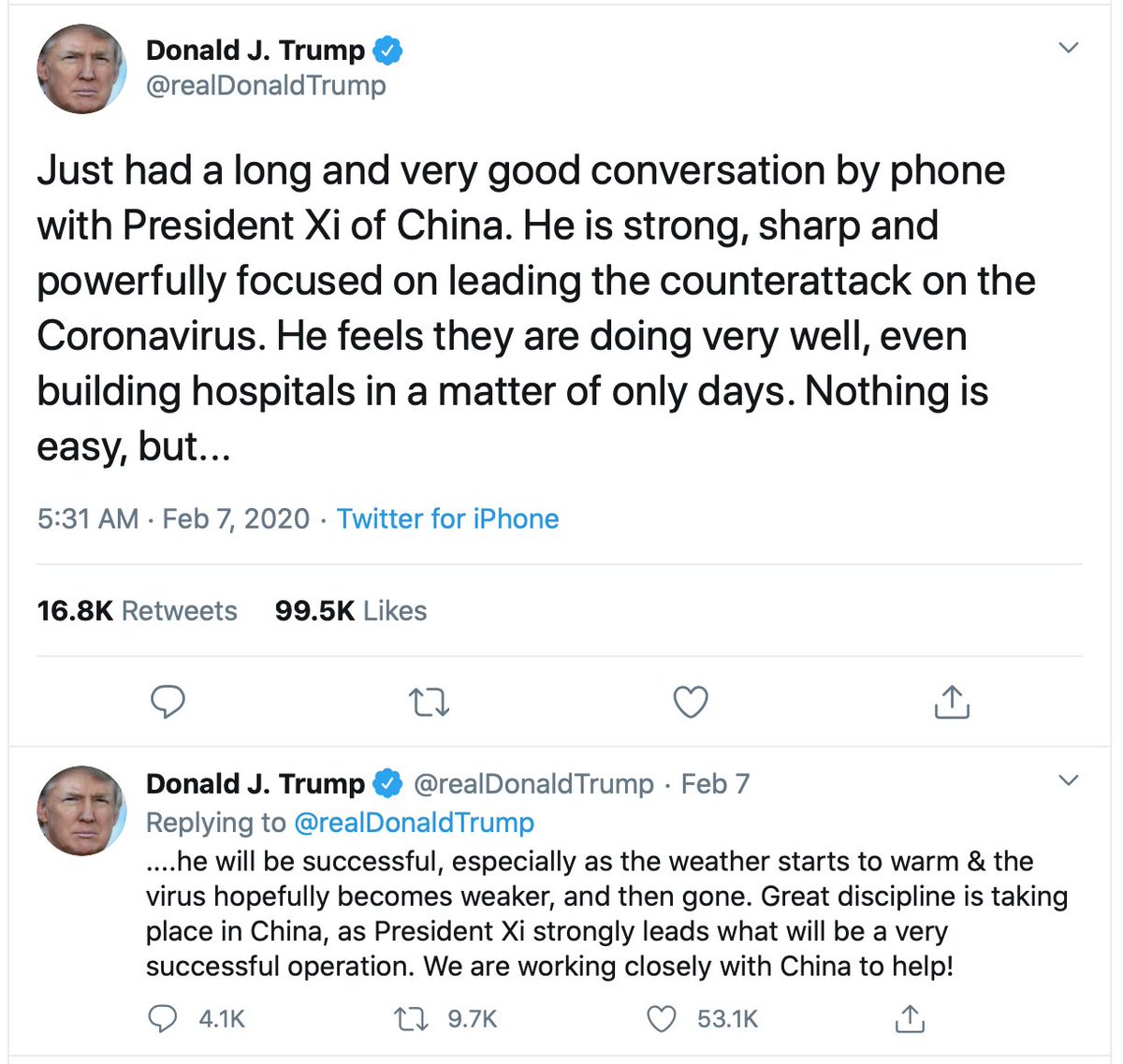 A week later, with a public health emergency declared in the U.S., Trump tweets more bizarrely personal praise of Xi, calling him "strong, sharp and powerfully focused." https://twitter.com/realDonaldTrump/status/1225728755248828416?s=20