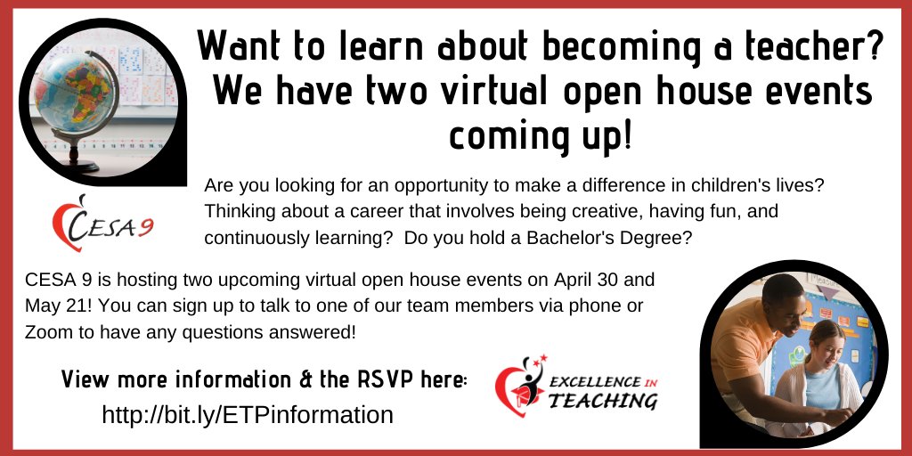 C9HannaVR's tweet image. @CESA9  and the Excellence in Teaching Program have two virtual open house events coming up! Talk to our program team to learn about our WI Department of Public Instruction-approved Post-Baccalaureate Pathway to becoming a licensed teacher! #cesa9 #excellenceinteachingprogram