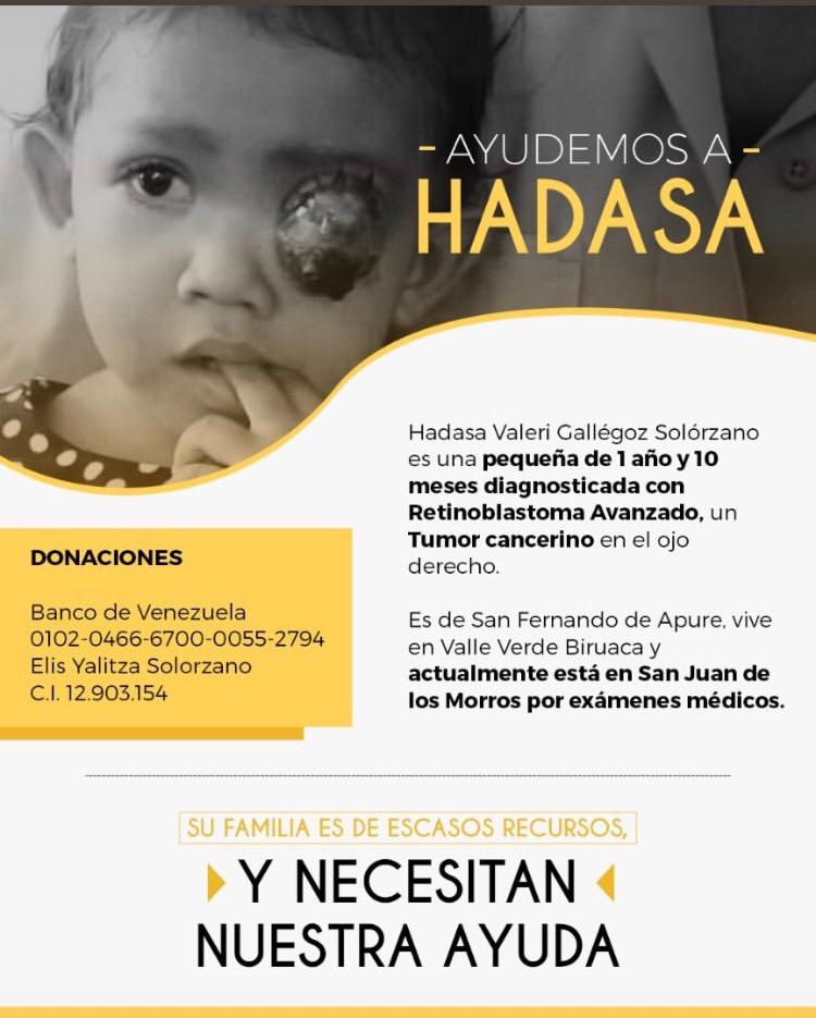 arepita_feliz's tweet photo. ¡Ayudemos a Hadasa!
Tiene 22meses y padece CA de ojo
Por favor #RT masivo para que este caso llegue a personas o instituciones que puedan ayudar a esta humilde familia 

Necesitan ayuda económica para cubrir gastos de alimentación y pañales 

En el flayer esta toda la información https://t.co/MOwfJ1GyQy