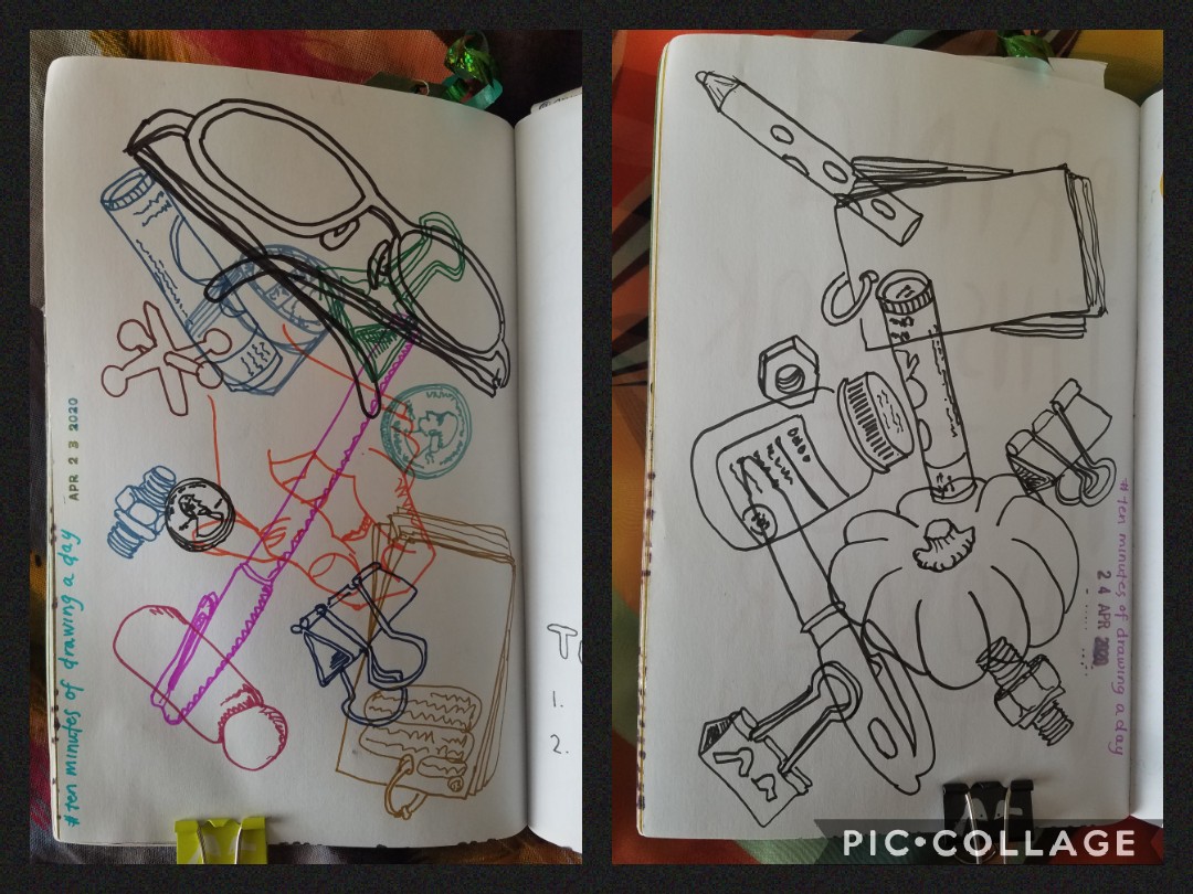 keligami's tweet photo. Another #tenminutesofdrawing challenge in my #wreckthisjournal. Overlapping drawings. I liked the color one better before I added the sunglasses. #artinthetimeofcorona #dailydrawing #Sketching #asketchaday #adrawingaday #wtj https://t.co/HDMLIDOMfF