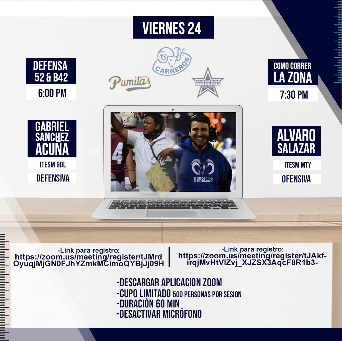 ClubVaquerosMFL's tweet photo. Te dejamos el link para registro del taller de hoy viernes 24 de abril:

GABRIEL SANCHEZ ACUÑA
DEFENSA 52 &amp; B42
6:00 PM Ciudad de México

https://t.co/G3Mn04nHpd

ALVARO SALAZAR
COMO CORRER LA ZONA
7:30 PM Ciudad de Mexico

https://t.co/EWVlzn2vh4 https://t.co/hCGxhNrAd6
