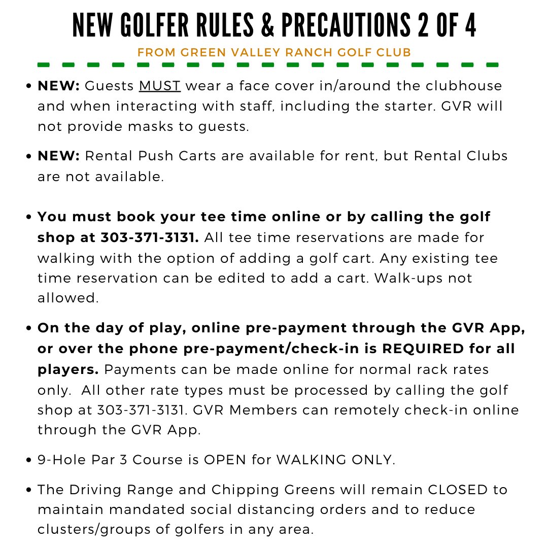 GVRgolfclub's tweet photo. Hey Golfers! Check out these UPDATED RULES & PRECAUTIONS, in effect Monday, April 27, including the availability of carts. Please read the FULL UPDATE here: https://t.co/oPz9KfaSn2
We wish everyone good health and good luck. #Denver #DenverGolf #GolfColorado #5280 https://t.co/ugNd3TDmHb