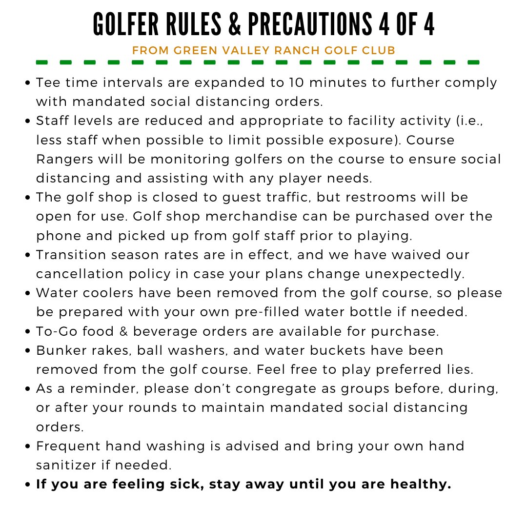 GVRgolfclub's tweet photo. Hey Golfers! Check out these UPDATED RULES & PRECAUTIONS, in effect Monday, April 27, including the availability of carts. Please read the FULL UPDATE here: https://t.co/oPz9KfaSn2
We wish everyone good health and good luck. #Denver #DenverGolf #GolfColorado #5280 https://t.co/ugNd3TDmHb