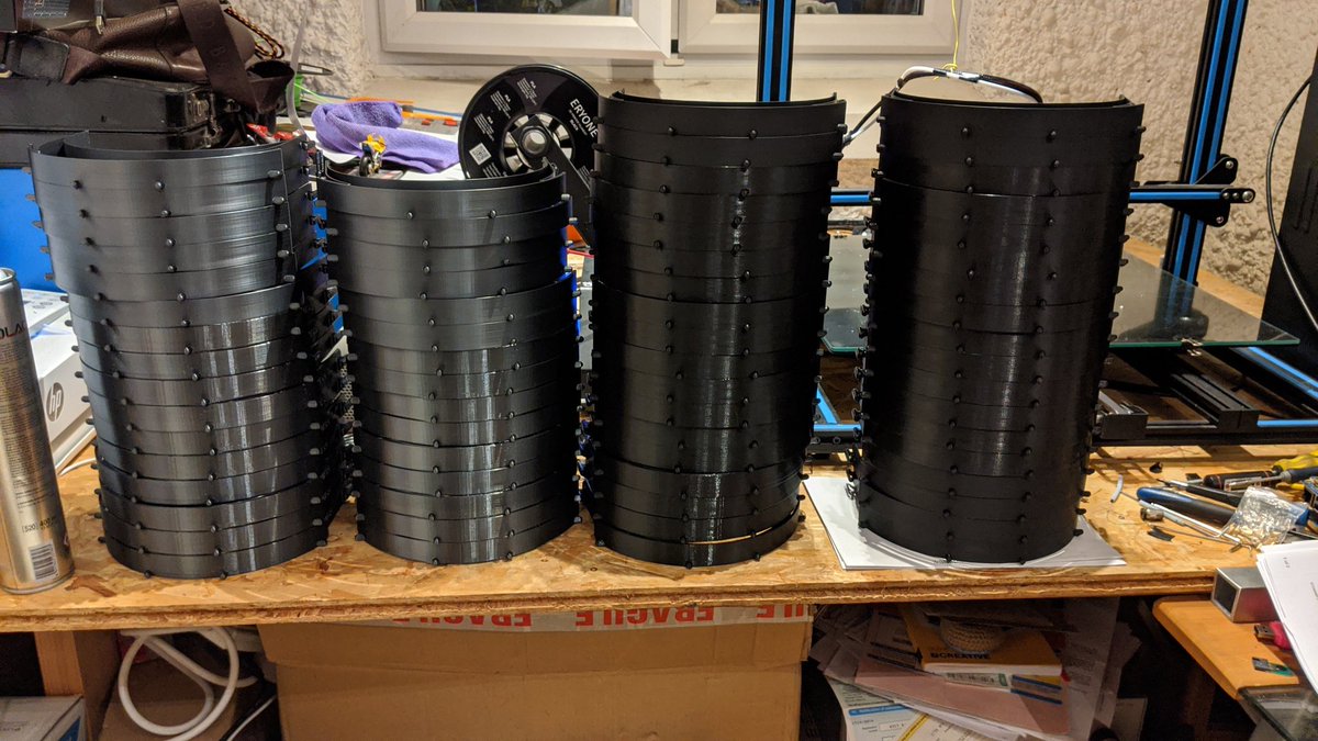 AnimeNera's tweet photo. Thanks to the help of  Minion and the lovely Tweeps who've supported the efforts with Filament, another good load of face shield frames printed, with more in process on both printers. To be picked up Sun for distribution to frontline workers. 
#NHS
#3DPrint
#3DCrowd
#TheBigPrint https://t.co/lFYTqsNuns