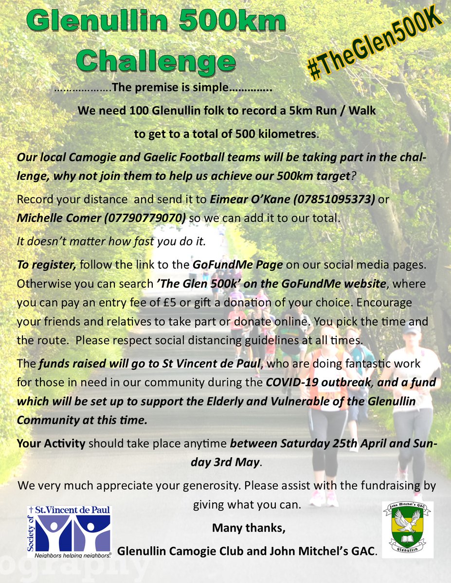 GlenullinGAC's tweet photo. To all Glenullin folk, relatives of Glenullin folk and friends of Glenullin Folk! We are asking you to run, walk or crawl a 5K to raise funds for St Vincent de Paul. All funds will go towards those in need in our community. #theGlen500K Donate at https://t.co/uz1dj830Eh https://t.co/E9sUTH9m3u