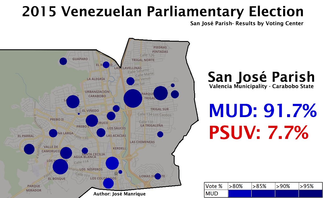 Finally (and I saved this for last because the satisfaction is bigger since this is where I lived back in Venezuela), here are the results for the San José Parish (Northern Valencia) in Carabobo, by voting center. It was the second most pro-opposition parish in the country.