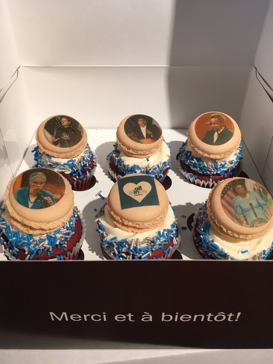 LaPatrii's tweet photo. I love what Vanille Patisserie is doing to make #QuarantineLife a little more fun: Home delivery of Pritzker &amp; Friends cupcakes and #AllInIllinois cake, including Shedd Penguins🐧 https://t.co/MhJ7qkISxy