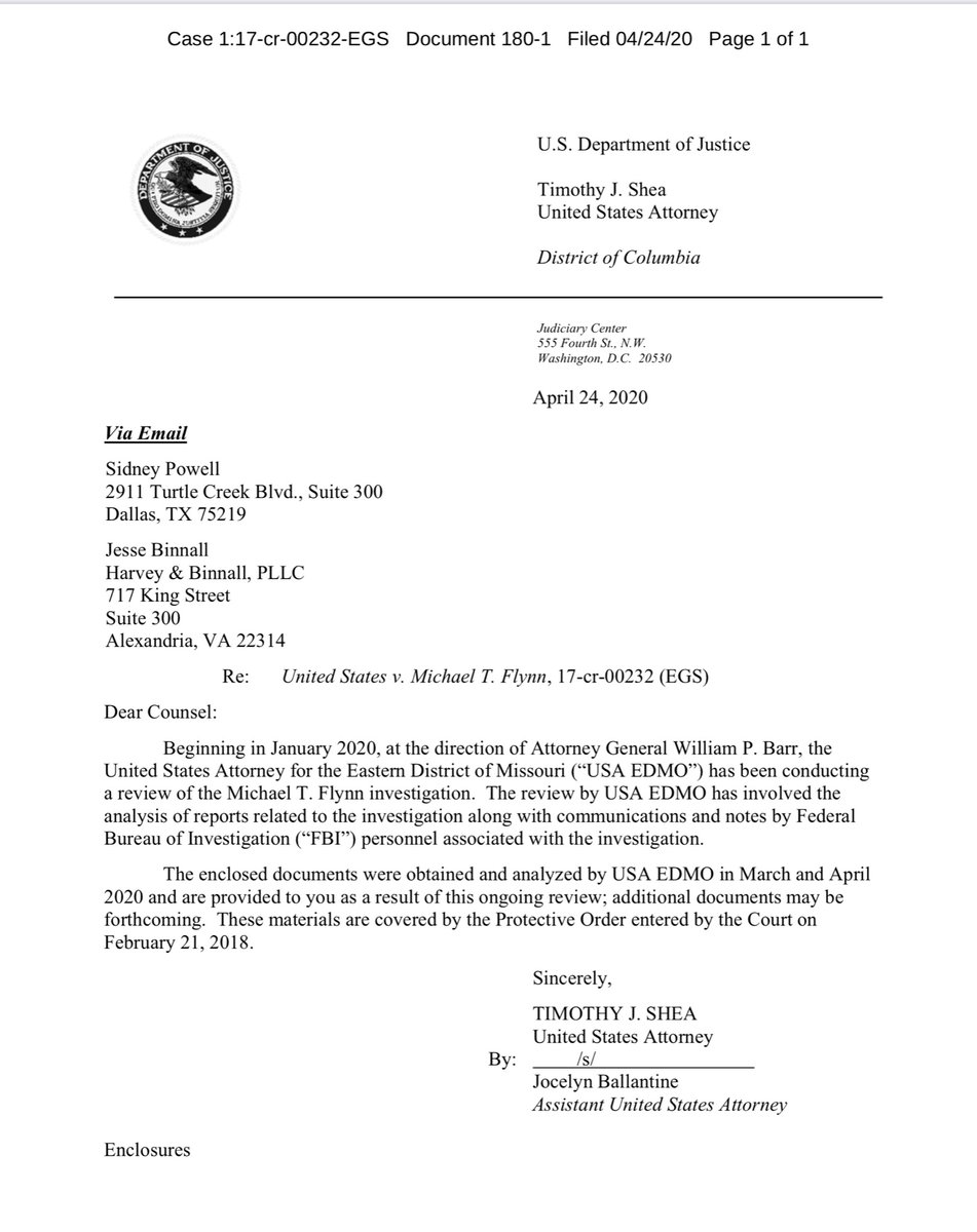 As required the Government’s notice concerning discovery and forwarding to Flynn’s new defense team (new in the sense that Covington no longer represents Flynn) https://ecf.dcd.uscourts.gov/doc1/04507790216?caseid=191592