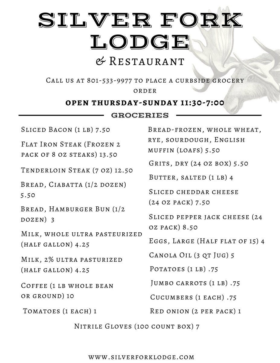 SilverForkLodge's tweet image. Save yourself a trip down the canyon to the grocery store! 

We are offering curbside pickup for these grocery items to help Brighton residents keep up with social distancing measures.

Share this with any canyon locals you may know!
#silverforklodge