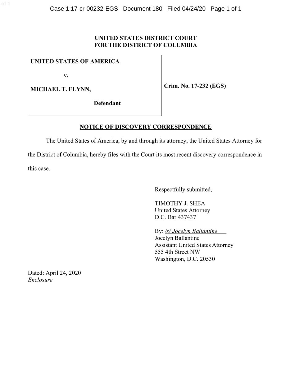 As required the Government’s notice concerning discovery and forwarding to Flynn’s new defense team (new in the sense that Covington no longer represents Flynn) https://ecf.dcd.uscourts.gov/doc1/04507790216?caseid=191592