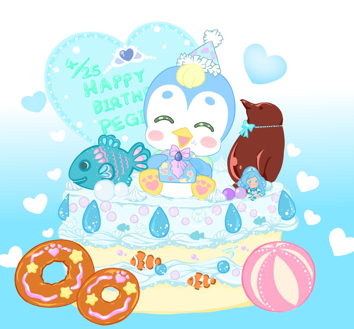 food happy birthday penguin closed eyes hat heart cake  illustration images