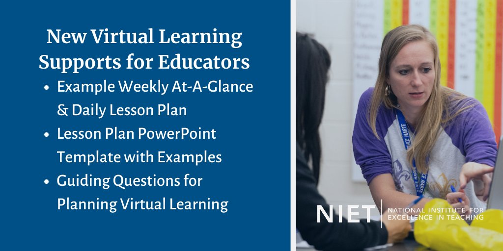 McQueenCandice's tweet photo. Visit the @NIETteach blog to access our newly released tools &amp; tips for taking high-quality instruction to the virtual environment. 

We’ve shared lesson planning templates &amp; examples, as well as a virtual companion tool to the NIET instructional rubric: https://t.co/2ZDqVF3xmU https://t.co/xcazJHt430
