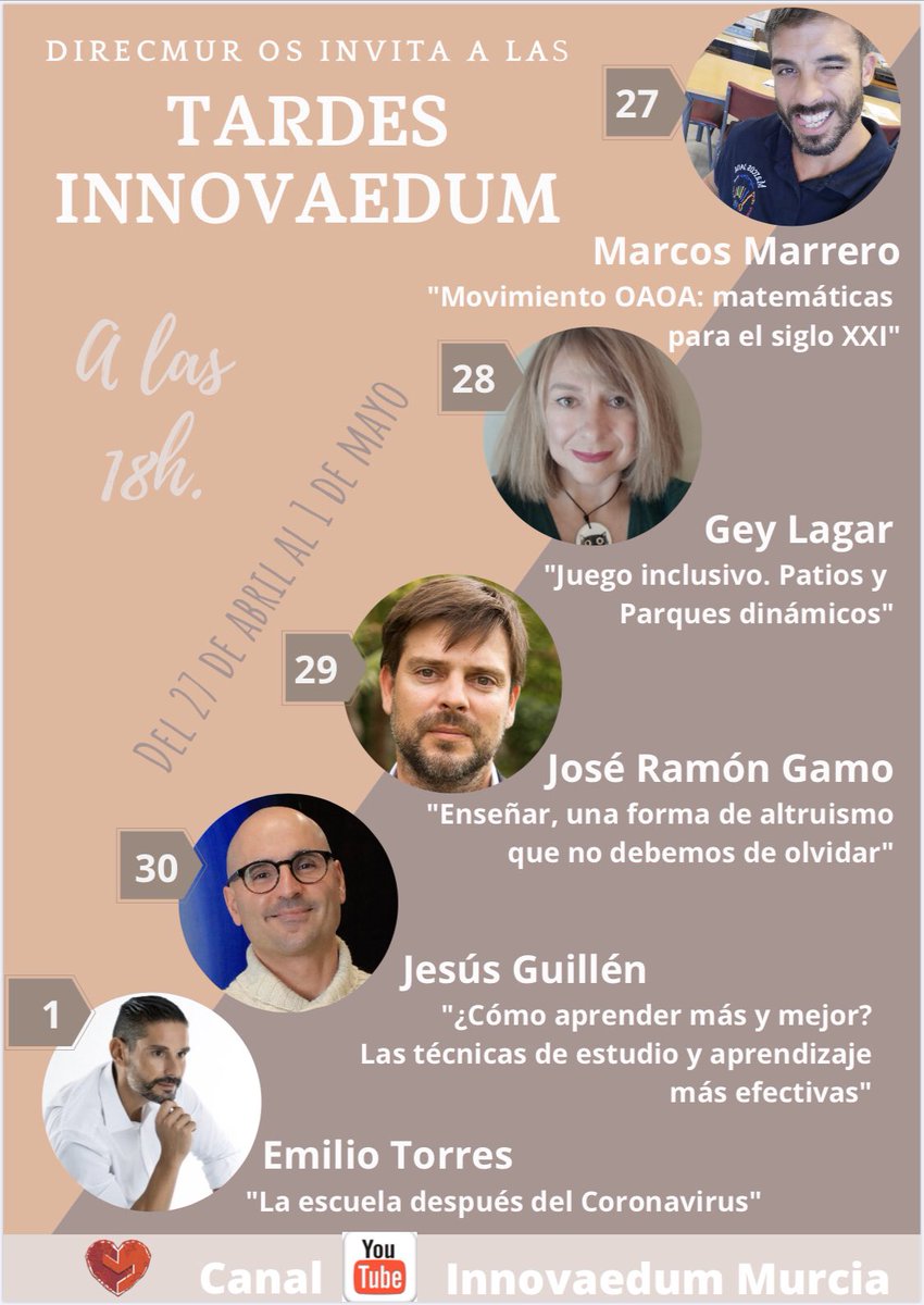 La semana que viene en las tardes <a href="/innovaedum/">Innovaedum</a> tendremos un cartel como siempre de lujo en nuestro canal de YouTube Murcia a las 18h ⏰<a href="/tonibernabeu123/">ANTONIO BERNABEU</a> <a href="/agomezalcazar/">Antonia Gómez Alcázar</a> <a href="/RmEsperanza/">Rm Esperanza</a> <a href="/AntonioCode/">Antonio Jiménez B.</a> <a href="/VictorMarinNav/">Víctor Marín Navarro</a> <a href="/jblasgarcia/">Jose Blas García</a> <a href="/pabloMninirola/">Pablo M-Niñirola</a> <a href="/InmicaJv/">Inma Justicia</a> <a href="/AdeliaGlvez/">Adelia Gálvez</a> <a href="/sifopcarm/">SIFOP CARM</a>